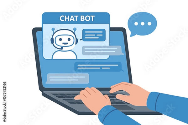 Fototapeta Chat bot on laptop screen. Man talking with online assistant. Communication with artificial intelligence on computer. Customer service and support concept. Virtual help technology.