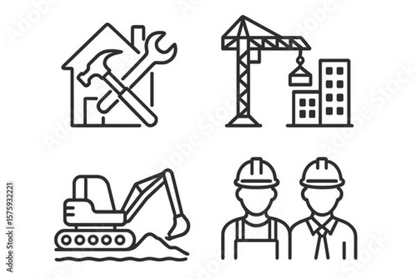 Fototapeta Vector icon set of the construction industry. Building site, home repair, crane, excavator, engineer, and worker line icons. Real estate development architecture symbols.