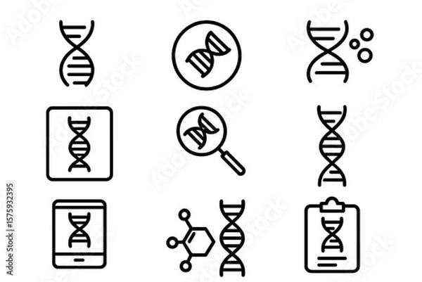 Fototapeta DNA helix and chromosome line icon set. Genetic research and biotechnology concept. Gene, genome and molecule pictogram collection. Biology science and medicine vector symbols.