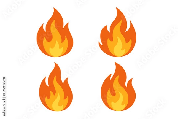 Fototapeta Fire flame icon set of 4. Vector fire symbols. Hot burn bonfire element. Danger warning sign. Campfire heat logo. Energy power symbol. Isolated vector illustration.