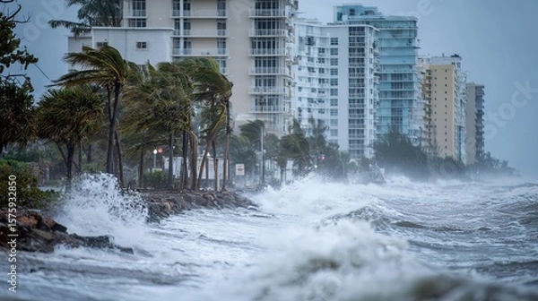 Fototapeta in Florida, Coastal city facing a storm with strong winds, high waves crashing against the shore, and swaying palm trees near tall residential buildings.
