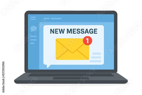 Obraz New email message notification on laptop screen. Unread inbox alert. Envelope icon with message badge. Online chat, digital communication, e-mail marketing, internet concept.