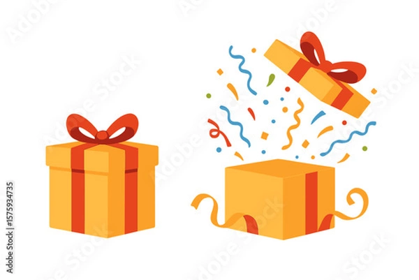 Fototapeta Festive surprise gift box with red ribbon, open and closed, confetti explosion, celebration present, packaging design, birthday, holiday, party, emotional unique gift concept