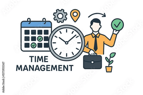 Fototapeta Time management concept with calendar, clock, business person, workflow organization, productivity boost, efficient workday, planning, schedule, deadline, office success