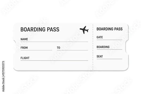 Fototapeta Blank airline boarding pass ticket template. Vector illustration for air travel, flight, or vacation journey concept. Isolated plane coupon mockup on transparent background.