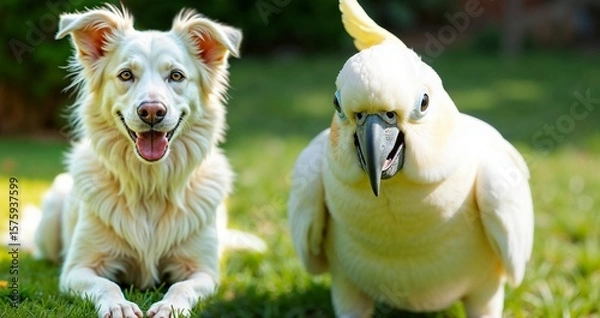 Fototapeta Happy dog and cockatoo together in a garden, joyful companionship in a sunny environment  
