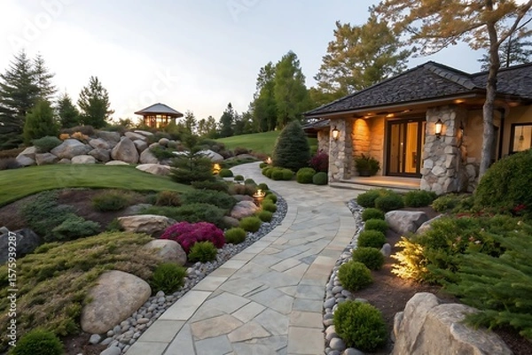 Obraz Luxurious Stone House with Beautifully Landscaped Gardens and Winding Pathway at Dusk