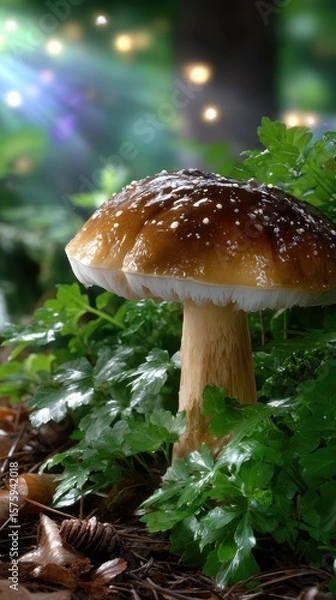 Fototapeta Beautiful mushroom growing in a lush green forest during daylight with soft sunlight filtering through trees