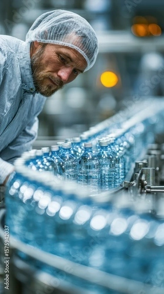 Fototapeta Man overseeing production of bottled water in a manufacturing facility during a busy workday