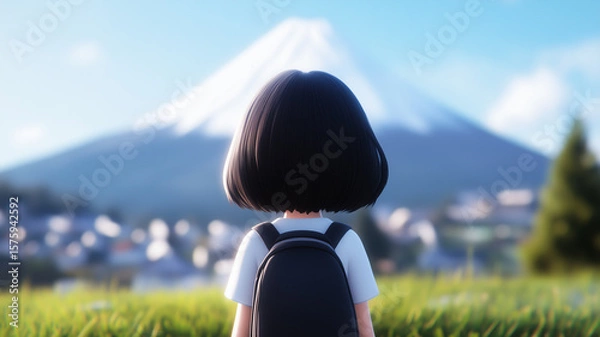 Obraz Anime style drawing of a little girl with a backpack, looking at a landscape with a majestic mountain in the background.