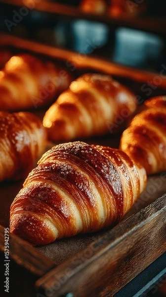 Fototapeta Freshly baked croissants resting on a wooden tray in a warm bakery setting during early morning hours