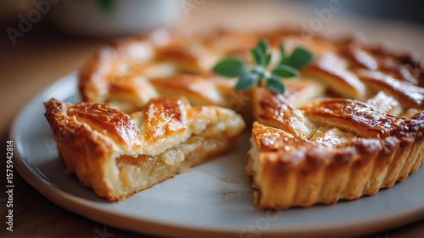 Obraz Apple pie with crispy braided pastry with a piece cut out revealing the juicy, aromatic filling.