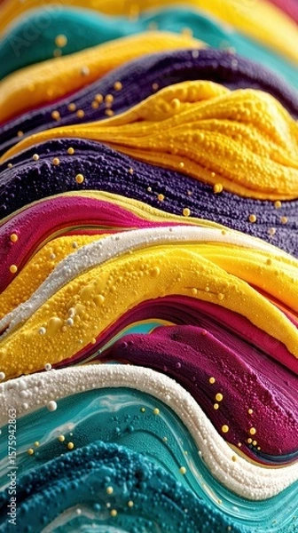 Fototapeta Bright abstract paint waves with vibrant colors and textured foamy patterns in dynamic arrangement