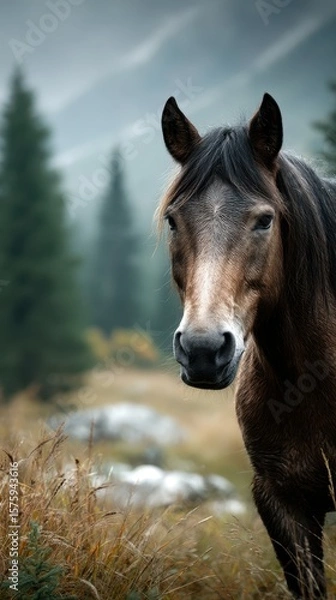 Fototapeta Horse standing majestically in a serene forest during the early morning with mist rising around the trees
