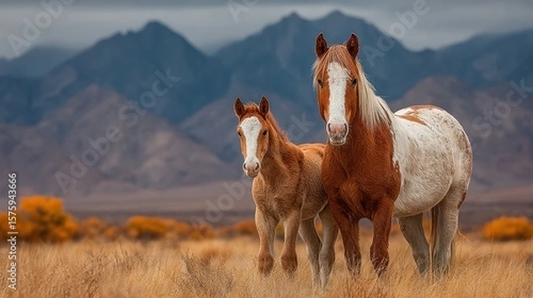 Fototapeta Two horses standing together in a mountain landscape during autumn near an open field