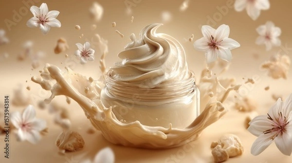 Fototapeta Creamy swirl of cream with blooming flowers surrounding. Perfect for representing purity and smoothness.