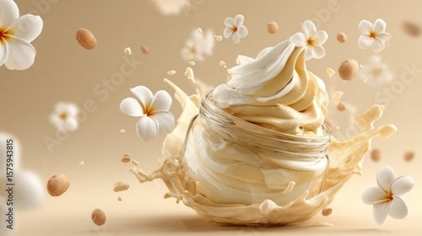 Fototapeta A jar of luxurious cream, with a delicate touch of flowers and seeds, floating in a splash, presenting a unique and artistic style