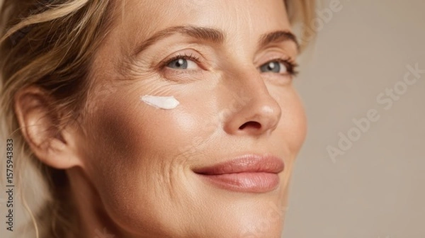 Fototapeta A beautiful woman with cream on her face looks directly at the camera and smiles