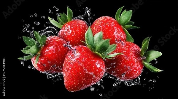 Fototapeta A group of fresh and juicy strawberries being splashed with water, creating a refreshing and enticing scene. The bright red berries pop against the water droplets