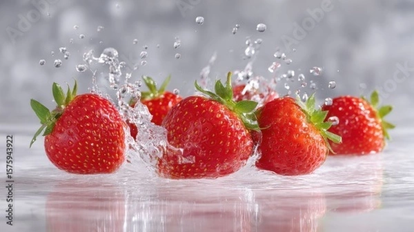 Fototapeta A group of juicy strawberries are splashed with water, creating a beautiful and refreshing visual. The droplets and water creates a dynamic shot