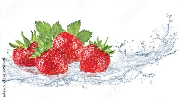 Fototapeta Fresh strawberries with refreshing water splash and green leaves, capturing the essence of natural freshness 