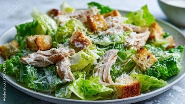 Fototapeta A delicious Caesar salad with grilled chicken, romaine lettuce, croutons, and creamy Caesar dressing.  The salad is served on a simple white plate. 