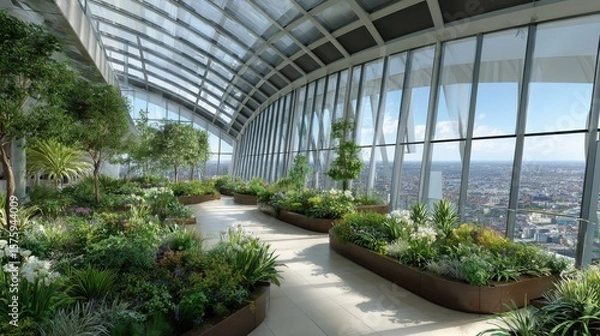 Fototapeta High-rise garden with cityscape view. A modern glass building showcases an elevated garden, boasting various plants and offering a stunning panoramic view of a city skyline. 