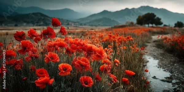Fototapeta Vibrant poppy flowers bloom in a field surrounded by rolling hills under a cloudy sky during late afternoon