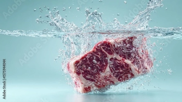 Fototapeta A piece of raw meat submerged in crystal clear water, with splashes around. The meat appears fresh and ready to be cooked.