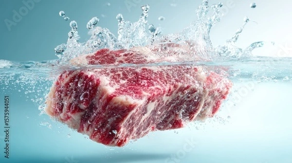 Fototapeta Fresh steak plunged into clear water creating a dynamic splash