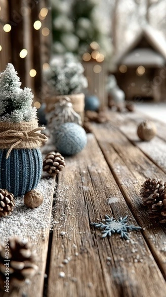 Fototapeta Winter decor on a wooden table with small trees and ornaments creating a cozy holiday atmosphere