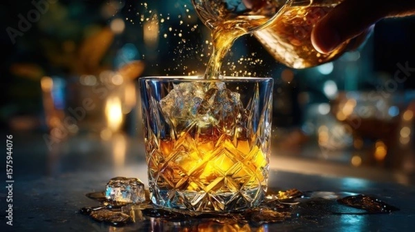 Fototapeta A refreshing drink being poured into a beautiful, crystal glass filled with ice cubes. The image captures the amber color of the liquid and the play of light on the glass and ice.