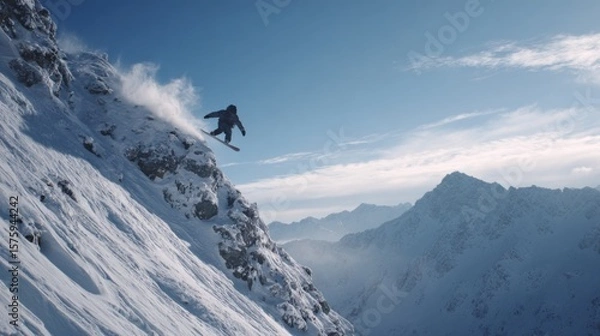 Fototapeta A skier performs an exhilarating jump off a snowy cliff, showcasing breathtaking mountain scenery. The skier's silhouette is stark against the bright, winter sky.