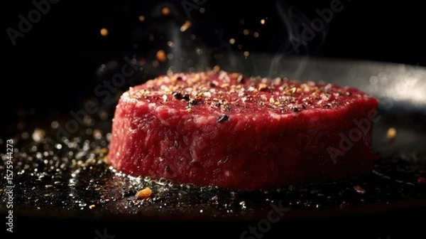 Fototapeta A sizzling piece of steak sprinkled with seasonings, fresh from the grill, capturing the essence of a culinary masterpiece