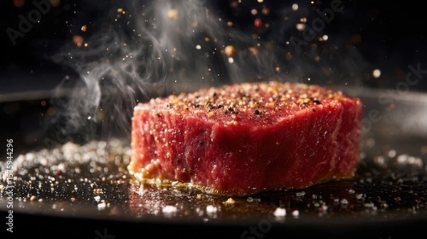 Fototapeta A succulent steak sizzles in a pan with salt, pepper, and herbs
