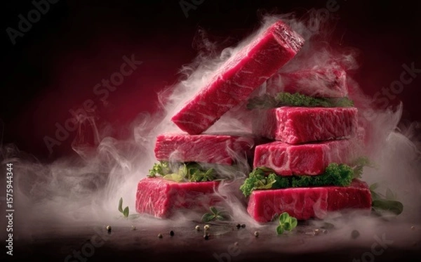 Fototapeta Fresh raw meat stacked in a tempting display, with a touch of smoky vapor adding to the allure