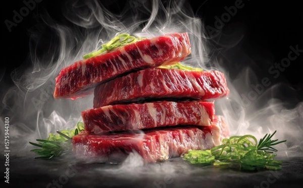 Fototapeta A stack of delicious raw steak with artistic steam. The fresh cut of meat is perfectly stacked and it look juicy