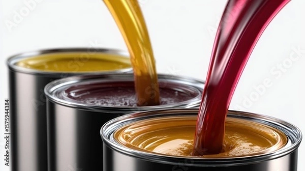 Fototapeta Colorful paints being poured into silver paint cans, creating vibrant splashes and mixtures