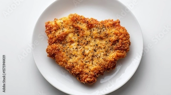 Fototapeta A close-up shot of a delicious fried chicken breast placed on a white plate. It's a crispy and appetizing image of a culinary delight