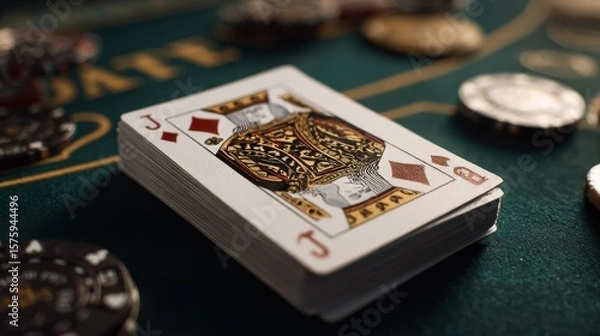 Fototapeta A deck of cards rests on a casino table, surrounded by poker chips. The jack of diamonds is visible on the top card.