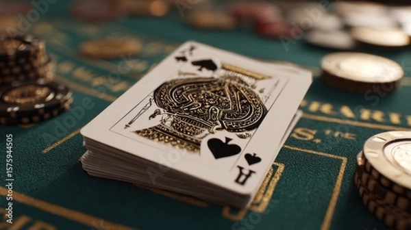 Fototapeta The Ace of Spades, the key card in a deck, rests prominently on the green felt table, surrounded by chips and coins. The scene hints at a high-stakes game, inviting speculation