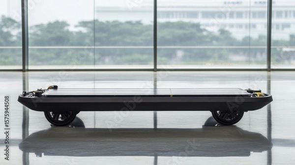 Fototapeta A sleek, modern, low-profile robotic cart with a flat top surface, shown in a bright, minimalist interior setting.