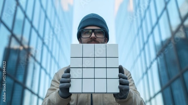 Fototapeta A person holds a puzzle in front of his face, with skyscrapers in the background. The person is wearing a beanie and glasses, and appears to be engaged in a thoughtful activity