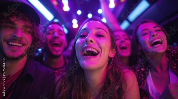 Fototapeta A crowd of joyful people laughing and singing together during a party. The scene is illuminated with vibrant neon lights