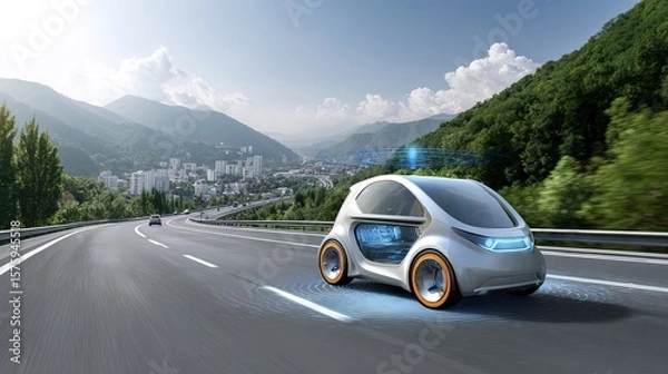 Fototapeta A sleek, futuristic electric car drives along a highway surrounded by green mountains and a distant city under a partly cloudy sky.