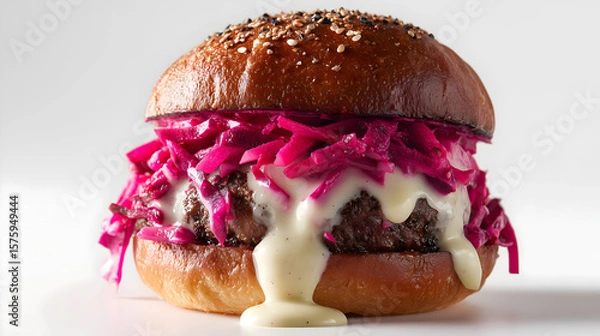 Fototapeta Beef burger with juicy patty, vibrant red cabbage slaw, and creamy white sauce in a sesame bun, isolated on white background. Bold and colorful gourmet sandwich.