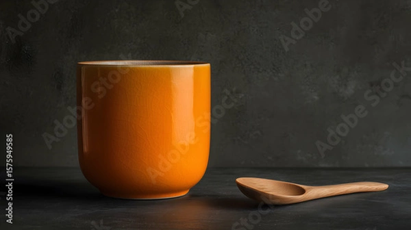 Fototapeta Orange ceramic cup with glossy surface placed beside a smooth wooden spoon on a dark textured background. Minimalist kitchenware scene with natural lighting.