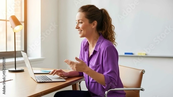 Obraz Smiling woman in purple shirt working on laptop at desk with lamp, engaged in online communication or creative work.