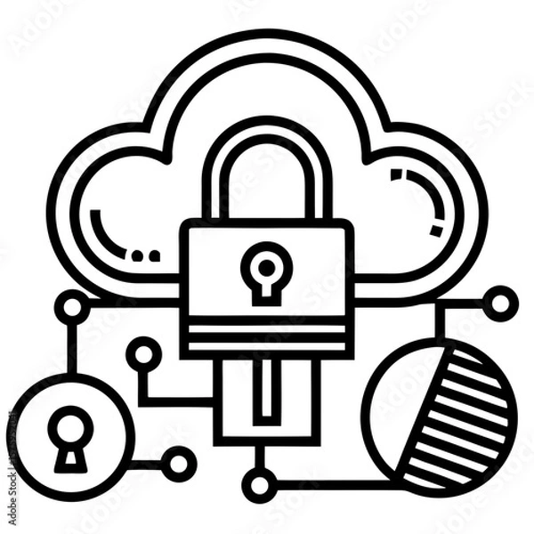Fototapeta Cloud Data Security and Encryption – Line Illustration Concept

