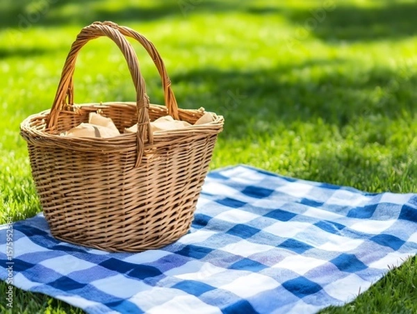 Fototapeta Summer Picnic Basket on Gingham Blanket in Grass